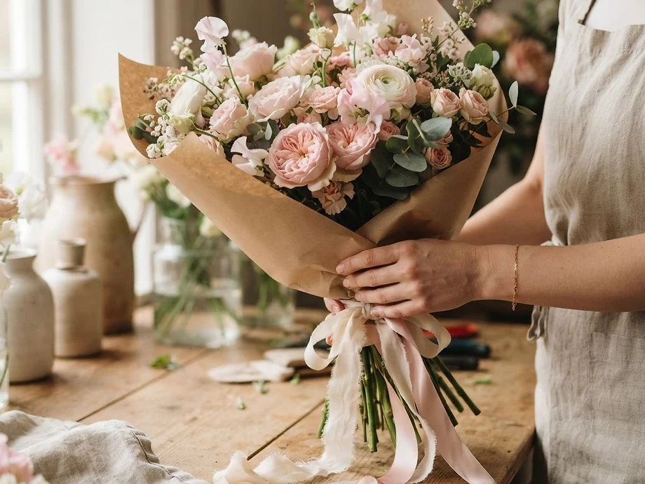 Florist Bloomy đang gói hoa